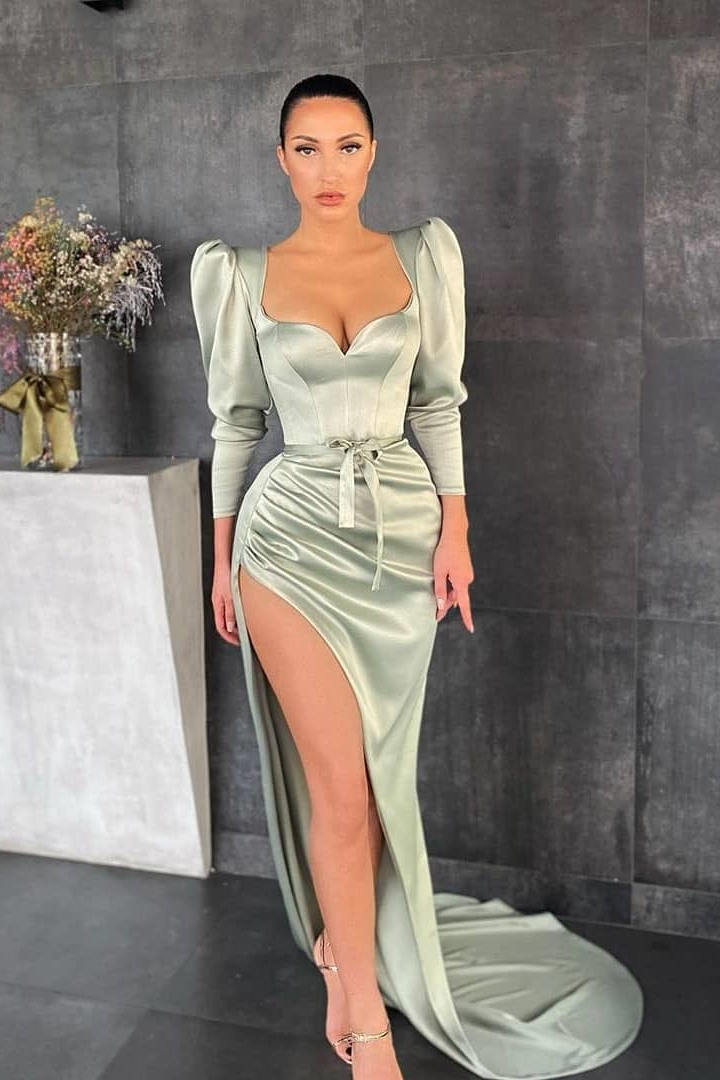 Amazing Long Sleeves Mermaid Prom Dress Sweetheart Dusty Sage Evening Gown With Slit - lulusllly