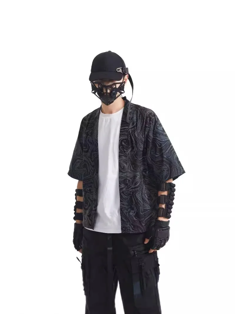 Woherb Dazzling Reflective Cardigan Robe Men And Women Five Minute Sleeve Loose Kimono Coat Retro Knit Jacket Trend-Outfit Ideas