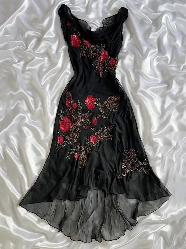 Black exquisite rose flower beaded long Chiffon prom dresses evening dress