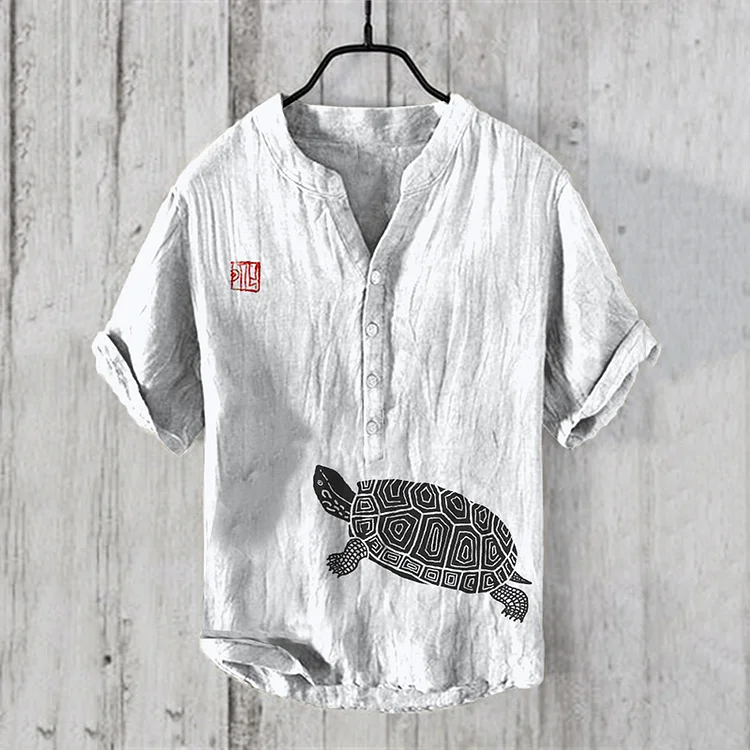 Japanese Art Sea Turtle Button Casual Linen Blend Shirt