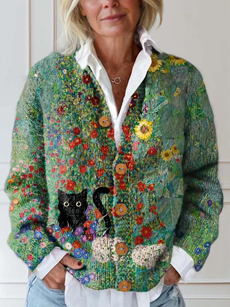 Women's Vintage Floral Cat Art Print Buttoned Cardigan Sweater