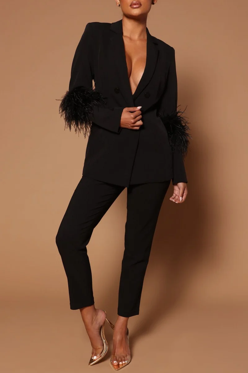 Black Casual Print Patchwork Feathers Turn-back Collar Long Sleeve Two Pieces