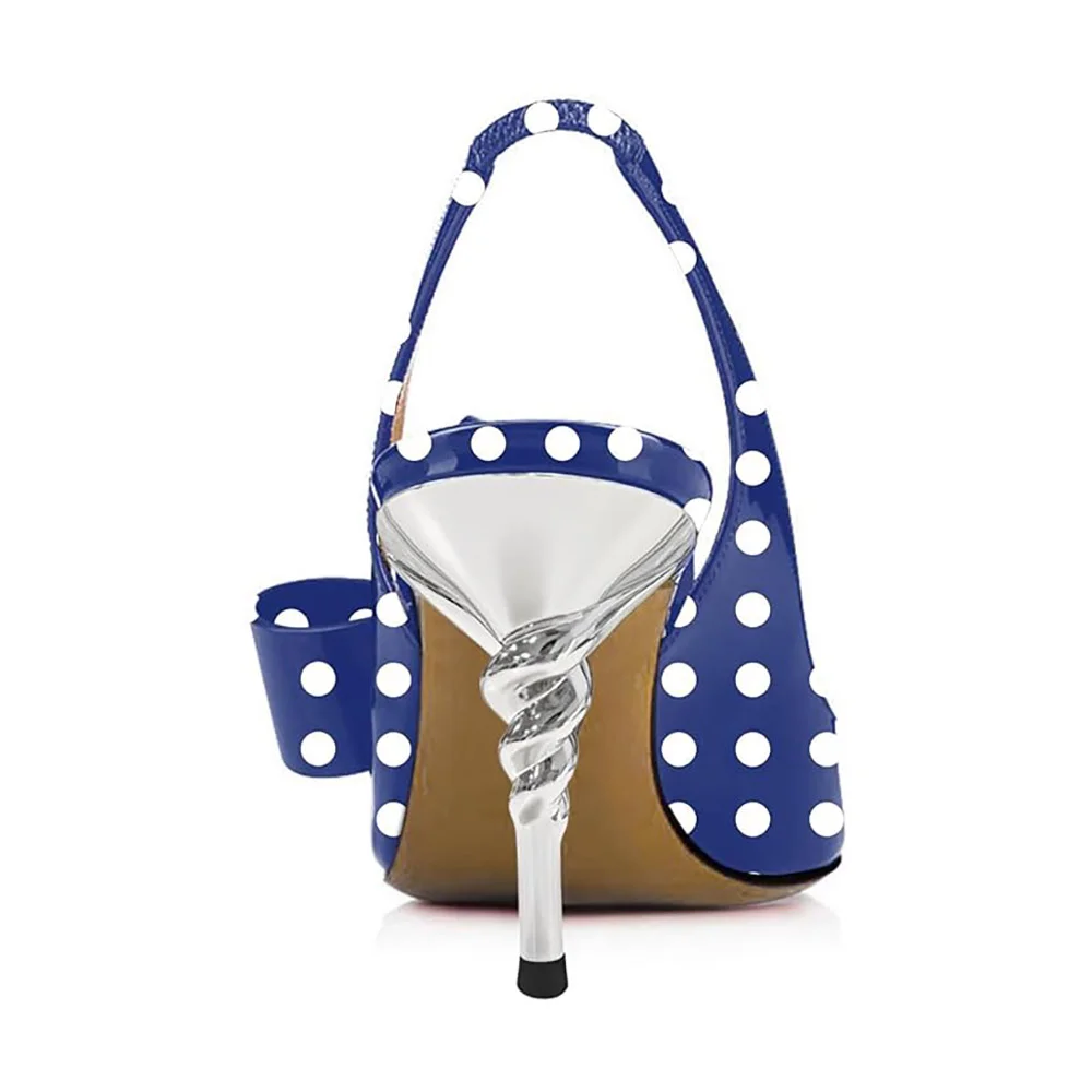 Blue Pointed Toe White Polka Dots Slingback Pumps Heels with Bow