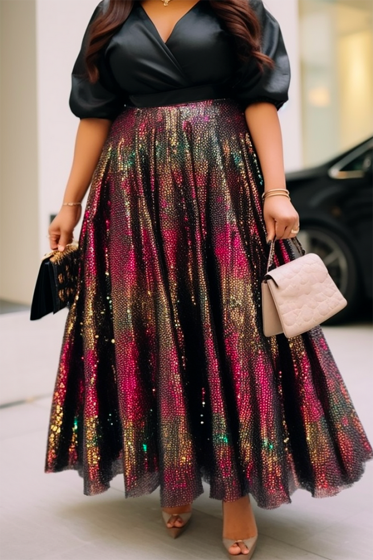 Plus Size Casual Maxi Dresses Multicolor Fall Winter V Neck Puff Sleeve Short Sleeve Glitter Fabric Maxi Dresses [Pre-Order]