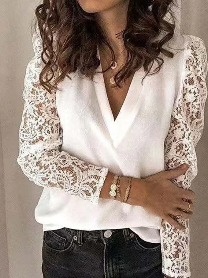 Women's Lace Stitching Hollow Sleeve V-Neck Top