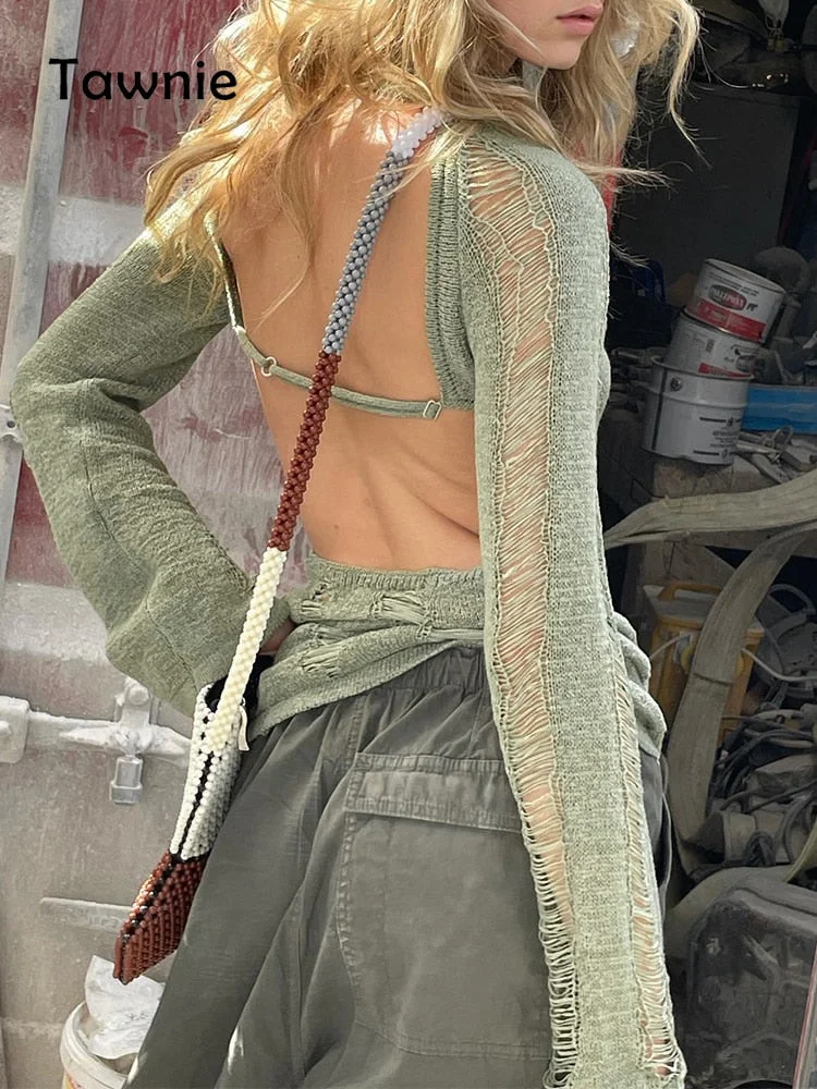 Tawnie Y2K Knitted Tassel Women Backless Hollow Out Long Sleeve T Shirt Sexy Party Club Casual Beach Outfits Tee Top 2022 Summer