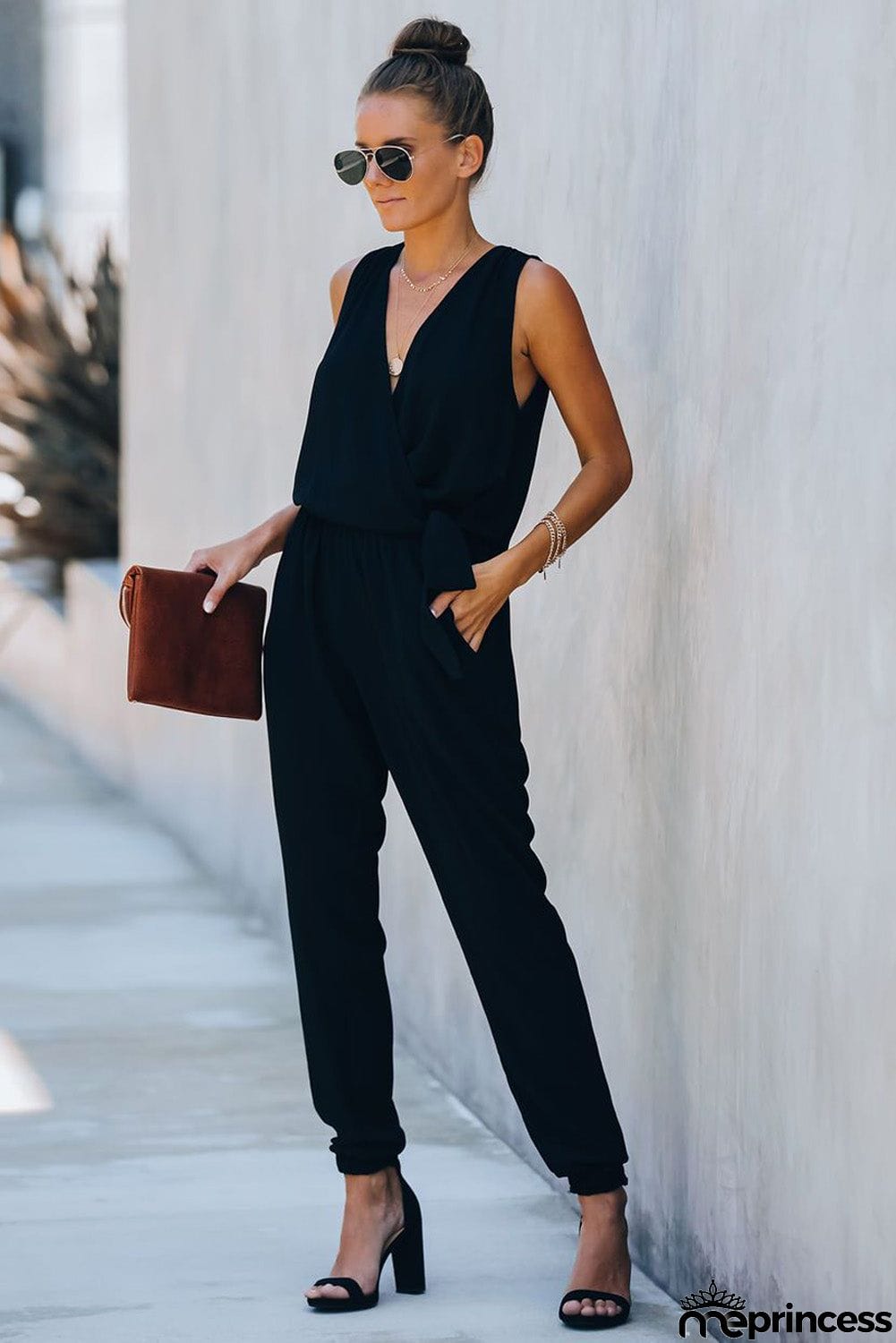 Deep V-neck Sleeveless Solid Jumpsuit
