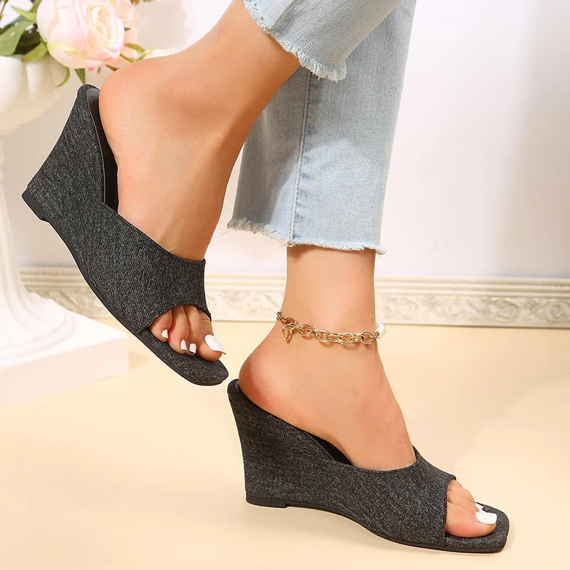 Women Casual Square Toe Wedge Slippers