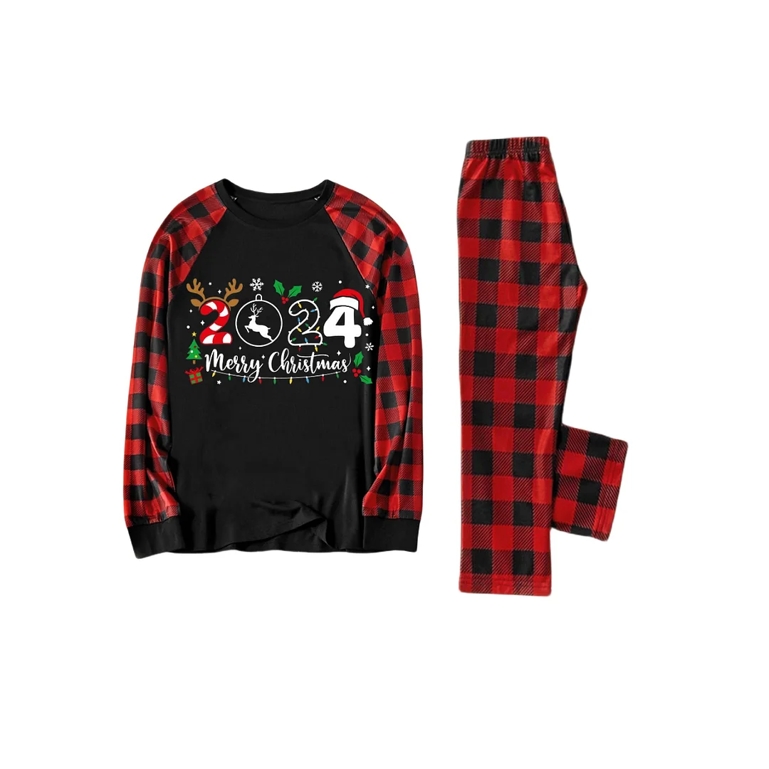 "2024 Merry Christmas" Text Print Black & Red Plaid Christmas Matching Pajamas