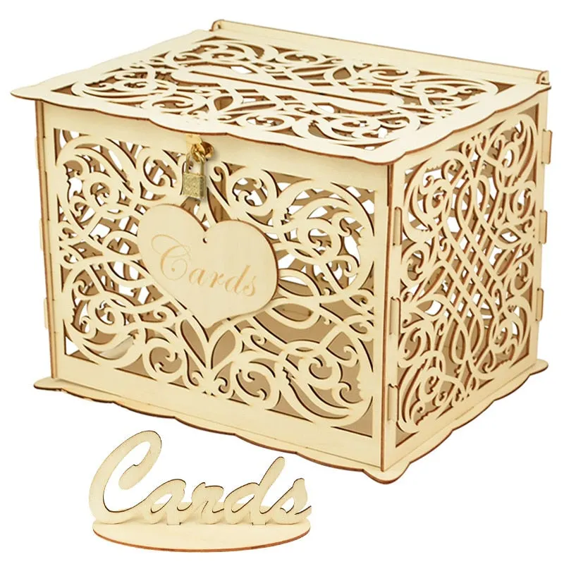 DIY Rustic Wedding Card Invitatin Boxes with Lock and Card Sign Mr&Mrs Wooden Money Gift Box Wedding Favor Decoration Supplies
