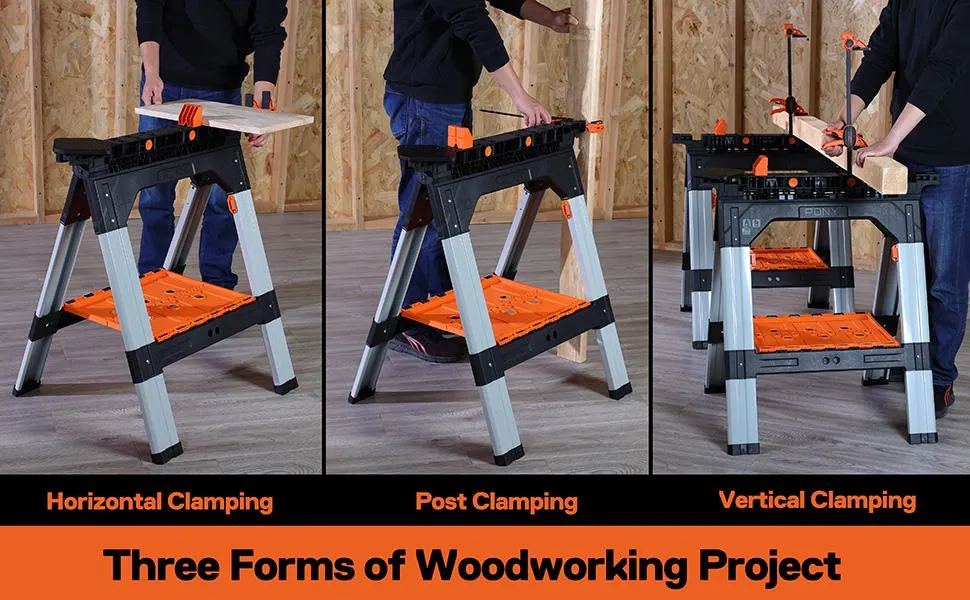 #fathersdaygift PONY 2-Pack Clamping Sawhorses, 1200 LBS Load Capacity, 30-3/4" Folding Sawhorse with 12” F Clamps, Bench Dogs, Angle Clamps, 2" Spring Clamps, Steel Legs, Heavy Duty for Woodworking