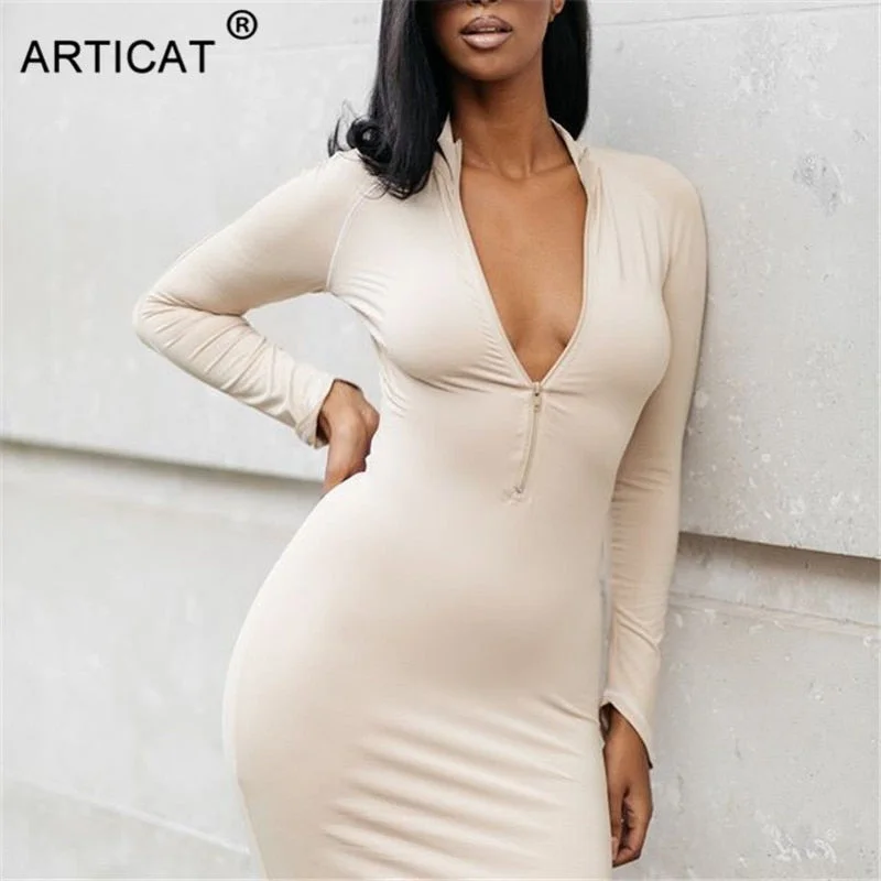 Articat Sexy Bandage Full Sleeve Party Dress Women Solid Color O-Neck Summer Maxi Bodycon Dresses For Ladies Autumn Vestidos
