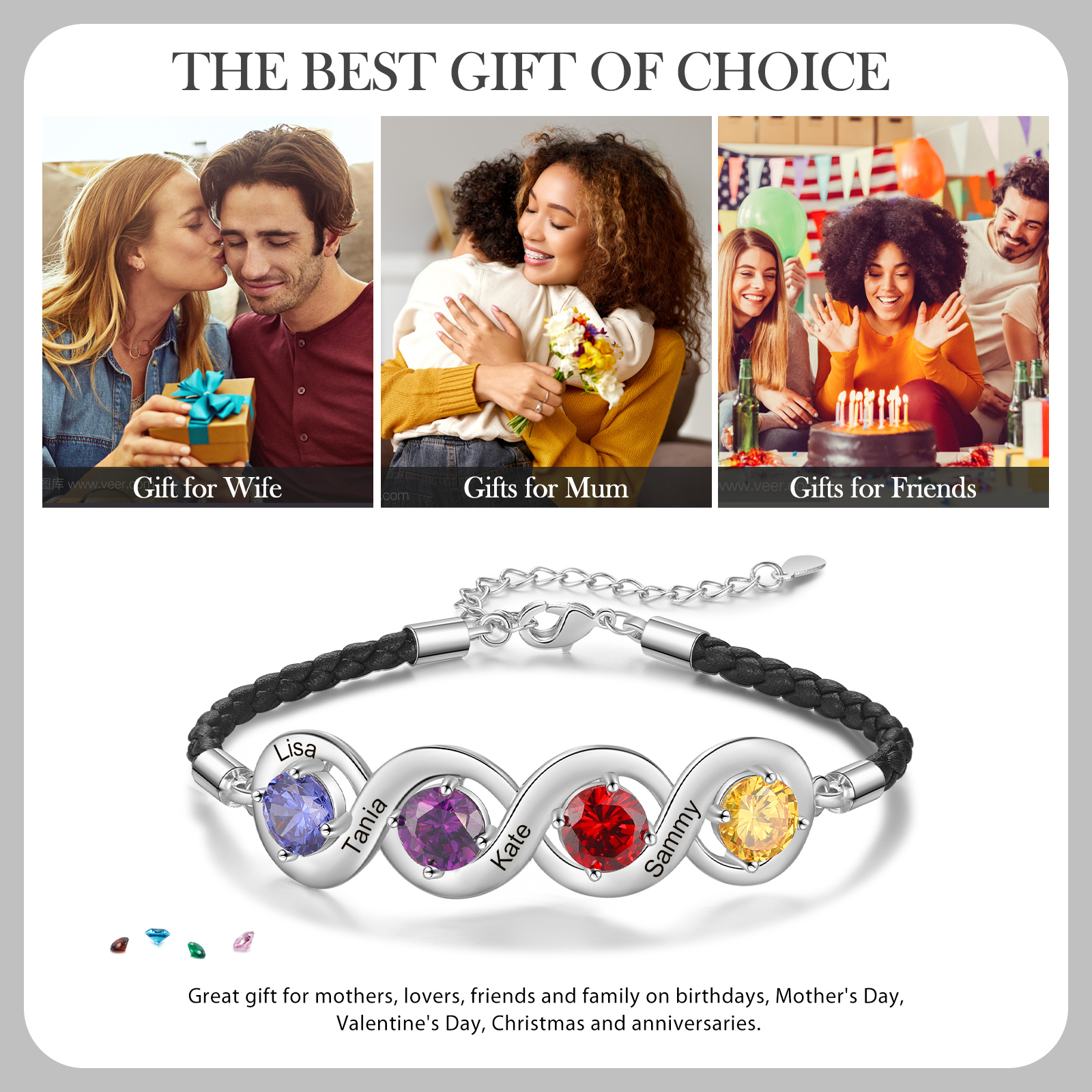 Braccialetto infinito personalizzato con 4 nomi e 4 pietre di nascita regalo per donna