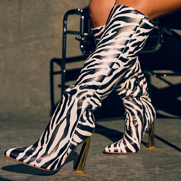 Elegant Pointed Toe Spool Heels Zebra Print Zipper Knee High Boots |FSJ Shoes