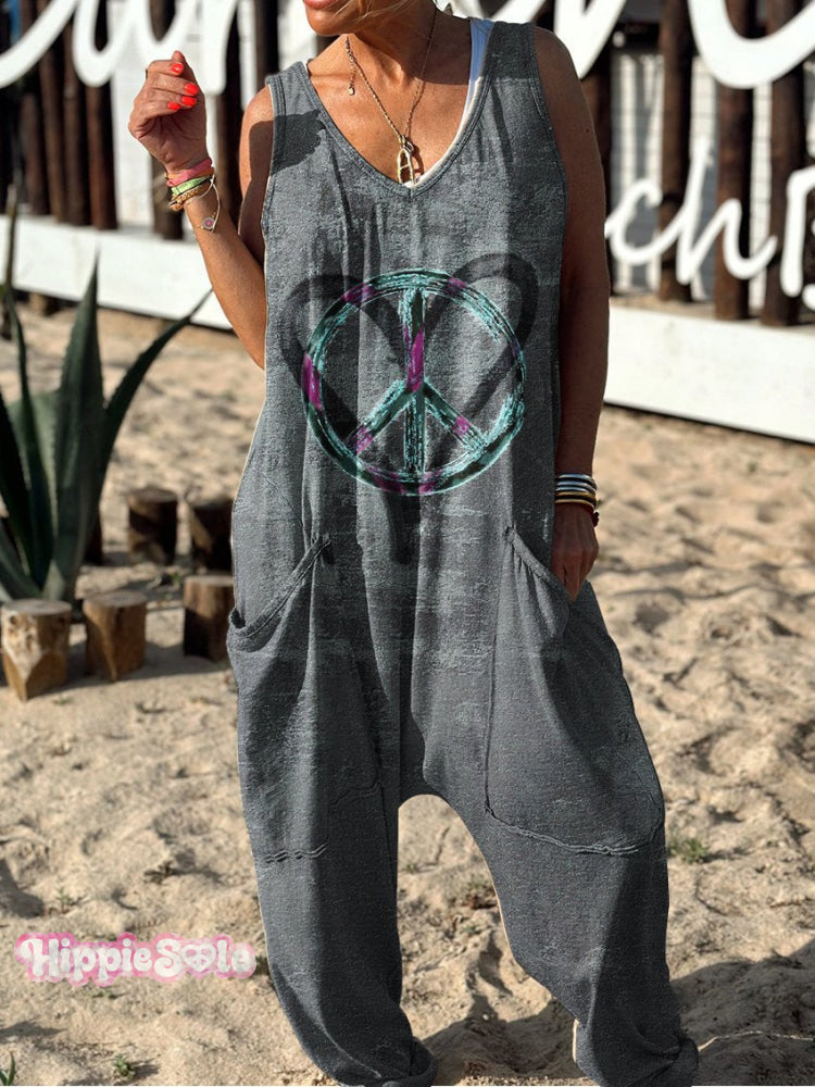 Symbol Pattern Hippie Art Print Casual 100% Cotton Wide Leg Jumpsuit Multicolor / S