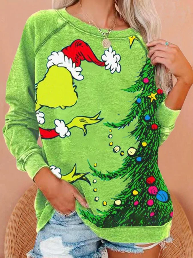 Women'S Christmas Green Fur Monster Print Casual Sweatshirt