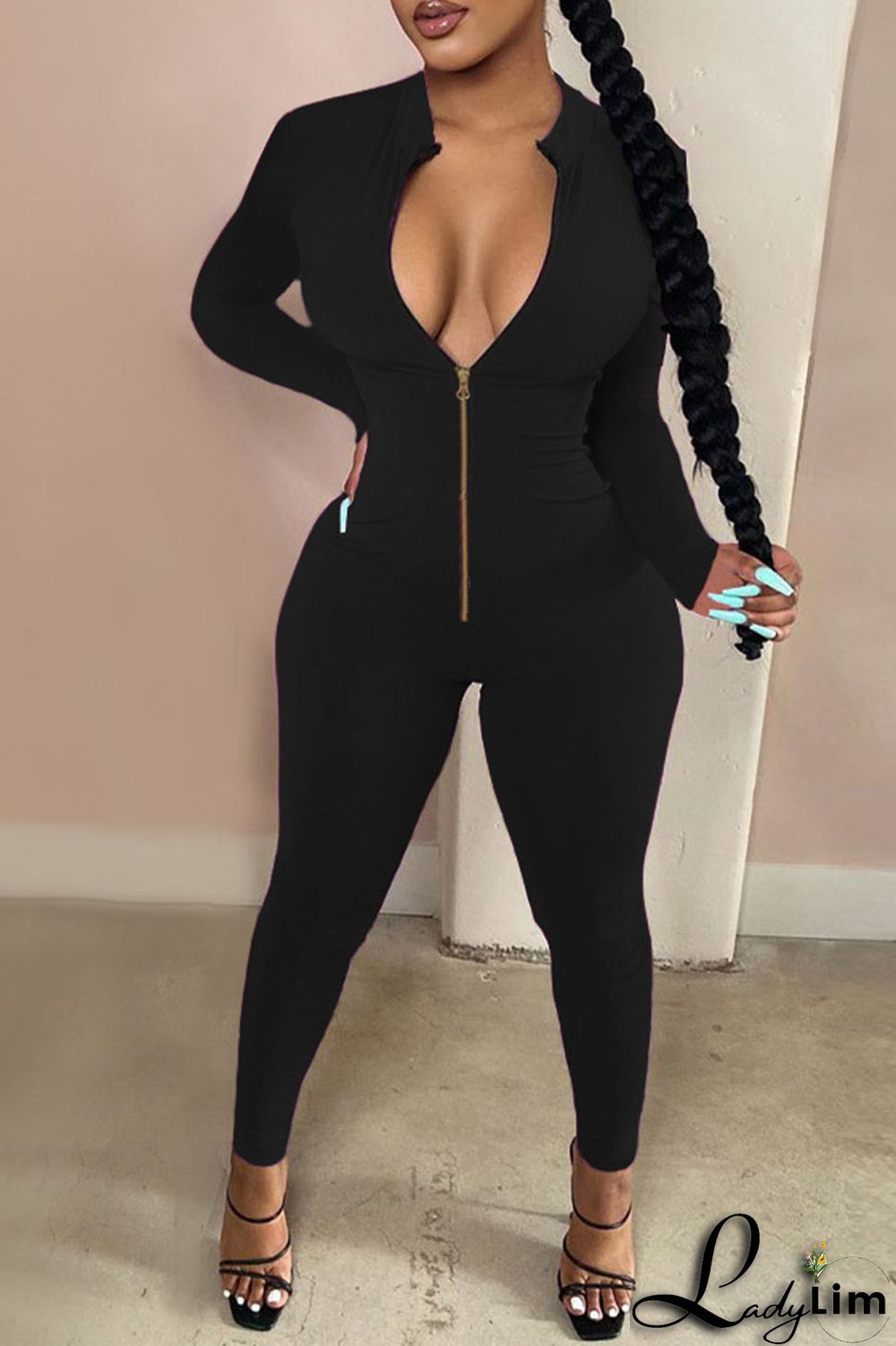Rose Red Sexy Casual Sportswear Solid Zipper Half A Turtleneck Skinny Jumpsuits