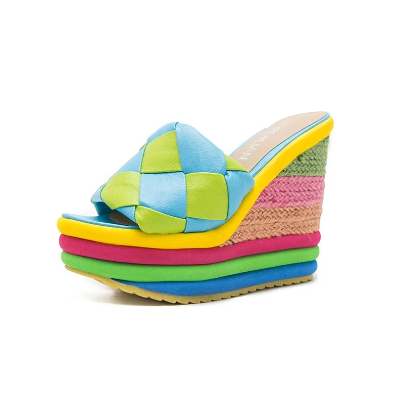 2021 Summer New Platform Wedge Sandals For Women's With Lovely Ainbow Color Weave Fish Mouth High Heels Shoes