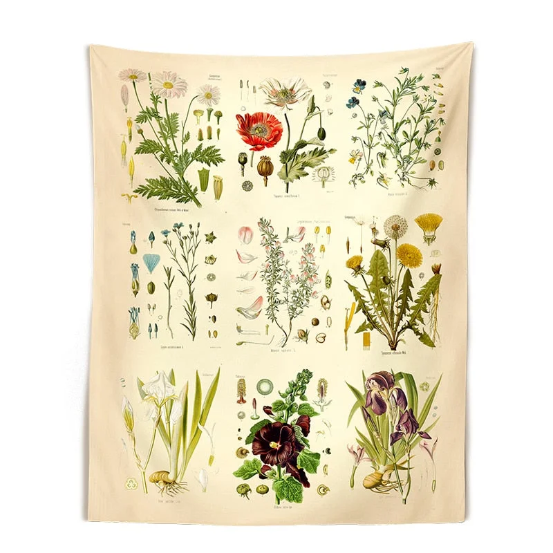 Botanical Wildflower Tapestry Wall Hanging Vintage garden Hippie floral art Tapestries Colorful Psychedelic INS Home Decor