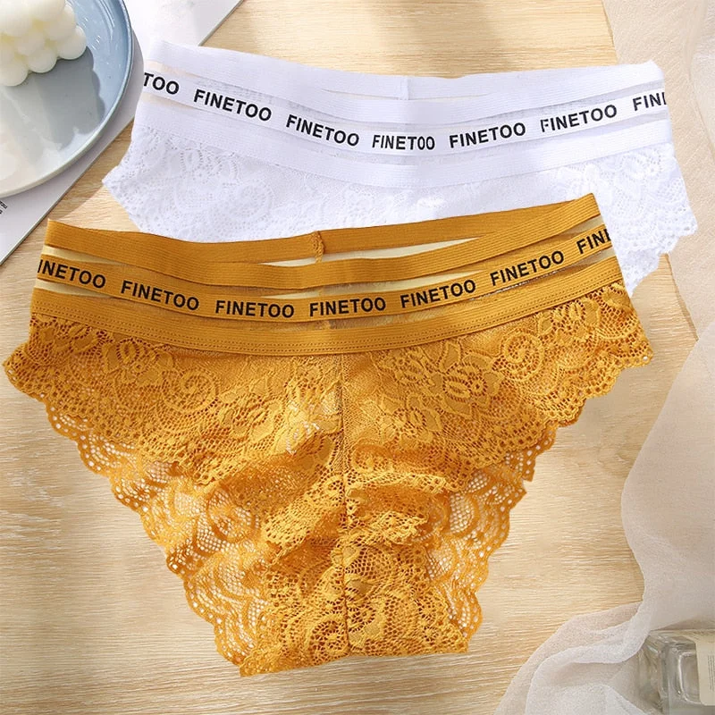 FINETOO 2PCS/Set L-XXL Floral Lace Women Panties High Waist  Sexy Lace Underwear Woman Letter Lingerie Female Seamless Briefs