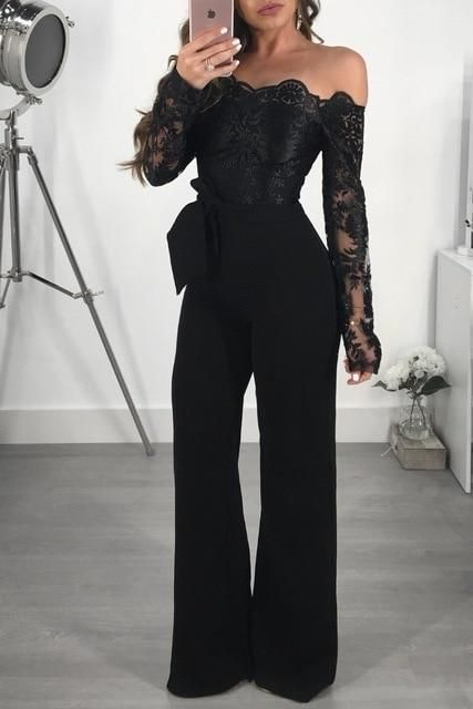 Women's Off Shoulder Jumpsuit Floral Embroidery Lace See Through Wide Leg Romper  | Risias