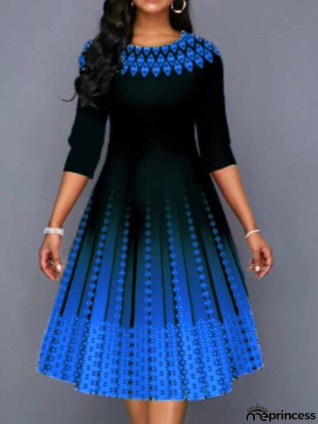 Work Dress Swing Dress Church Dress Midi Dress Red Royal Blue Blue 3/4 Length Sleeve Print Print Summer Spring Crew Neck Elegant S M L XL XXL 3XL 4XL 5XL for Women