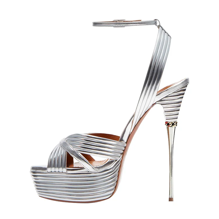 Peep Toe Platform High Heel Shoes with Ankle Strap in Silver Vdcoo