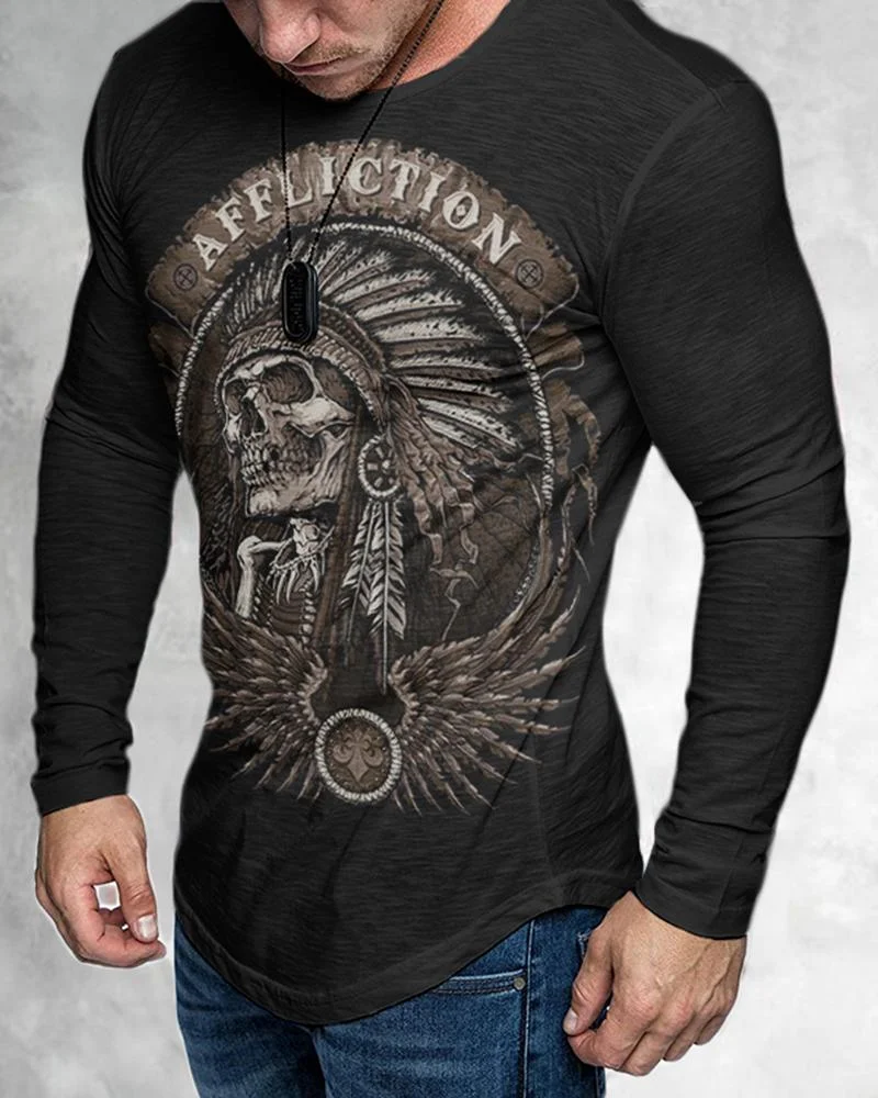Men's Casual Long Sleeved  Black Indians Printing T-shirt