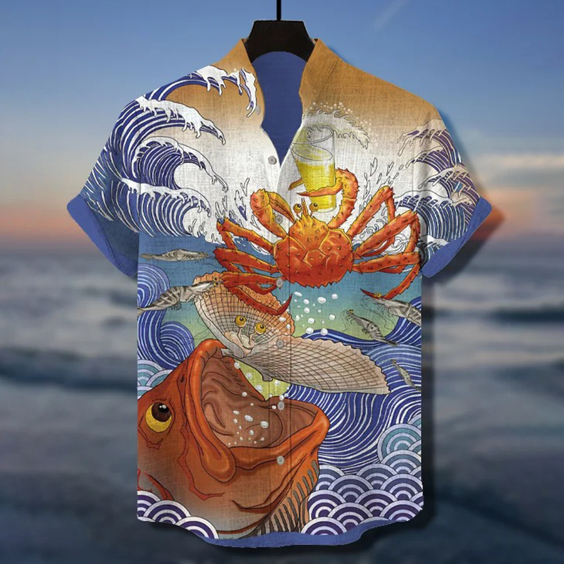 Men's Fish And Scallop Waves Crab Drinking Beer Art Print Casual Shirt  artssus