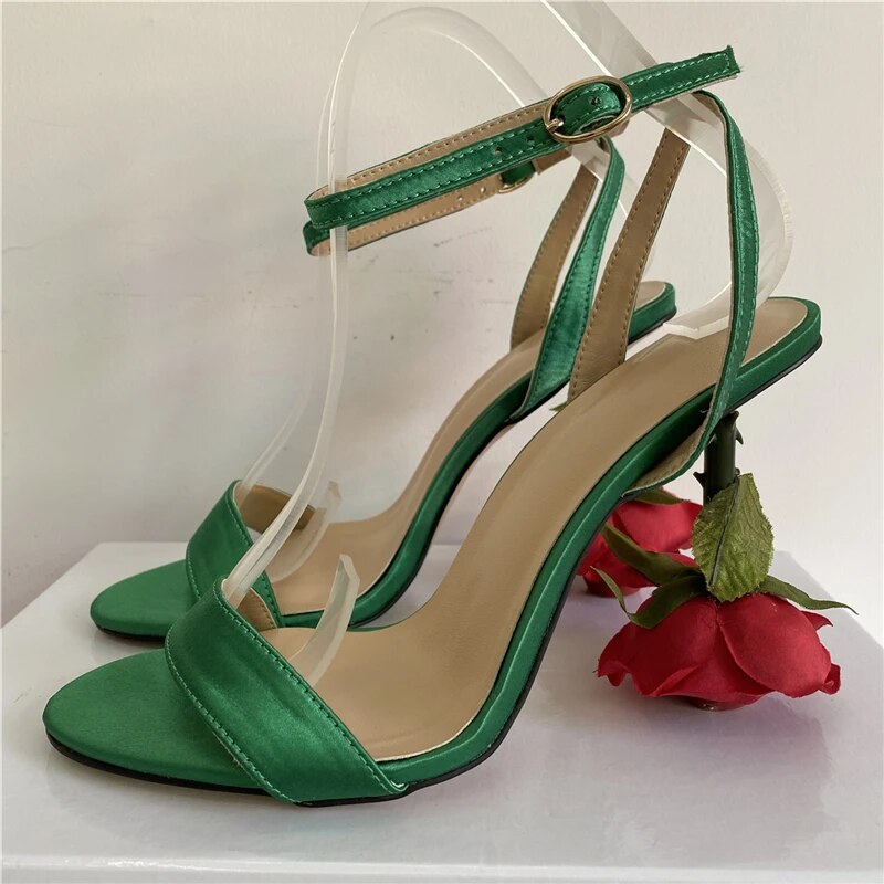 VCSHOES Individual Rose Strange Heel Modern Sandals Women Satin One-Strap Open Toe Banquet Shoes For Girls