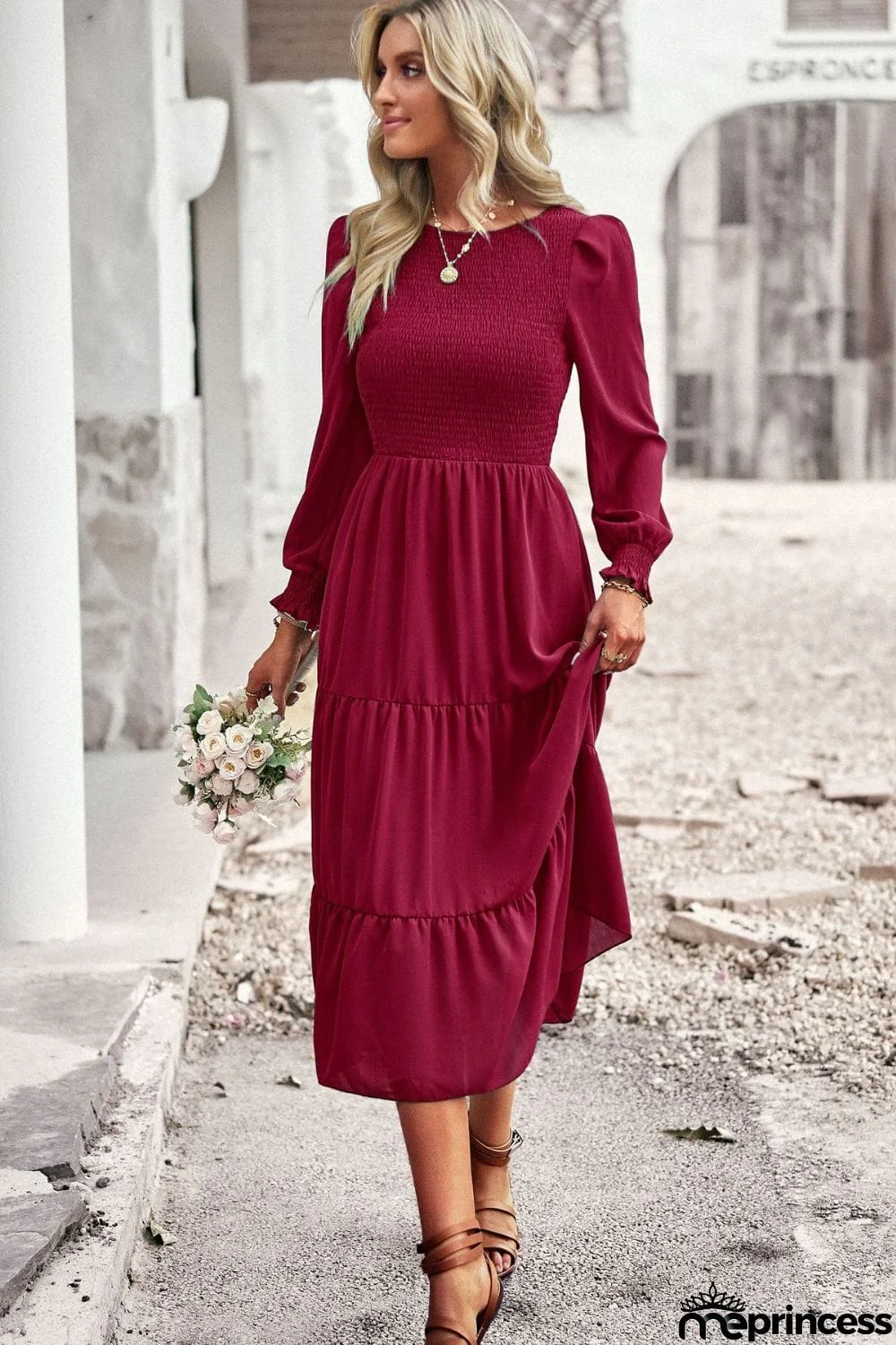 Smocked Round Neck Flounce Sleeve Midi Dress