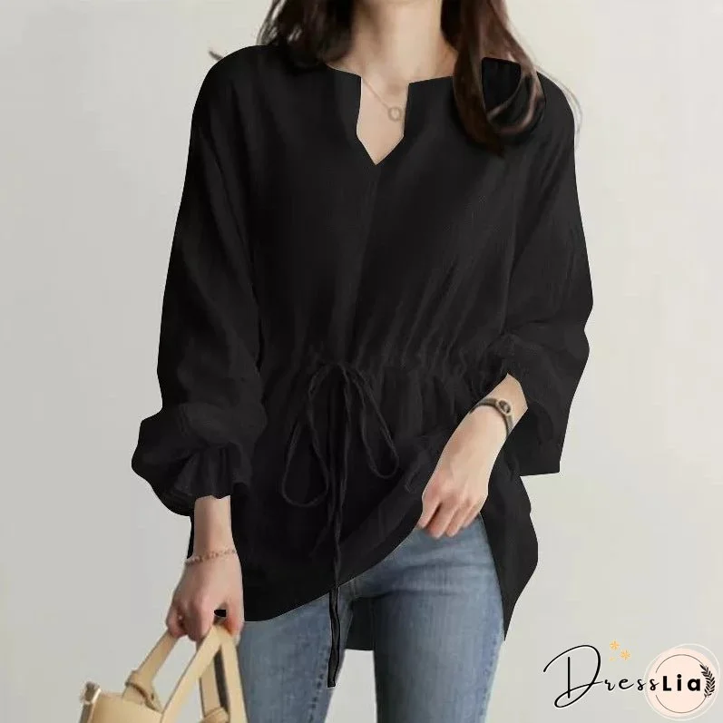 Women's Long-sleeved Collar Drawstring Waist Solid Color Blouses