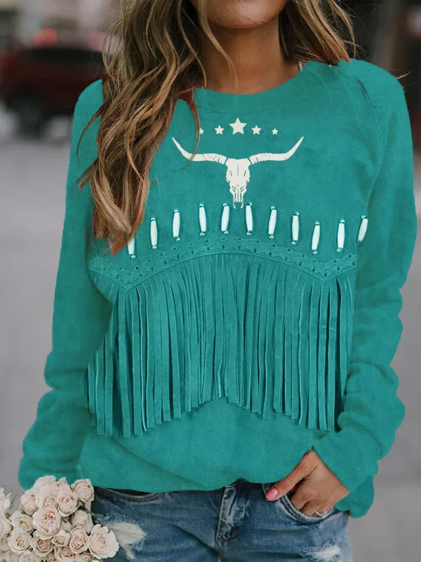 Vintage Western Fringe & Bull Skull Art Sweatshirt