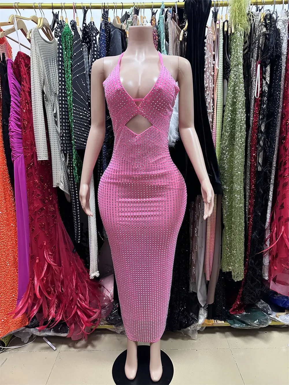 Brownm Heavy Industry Flash Diamond Suspension Hanging Dress Light Luxury Small Party Birthday Sexy Dress