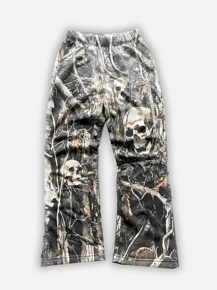 Vintage Skull Camo Graphic Design Flared Sweats Trousers