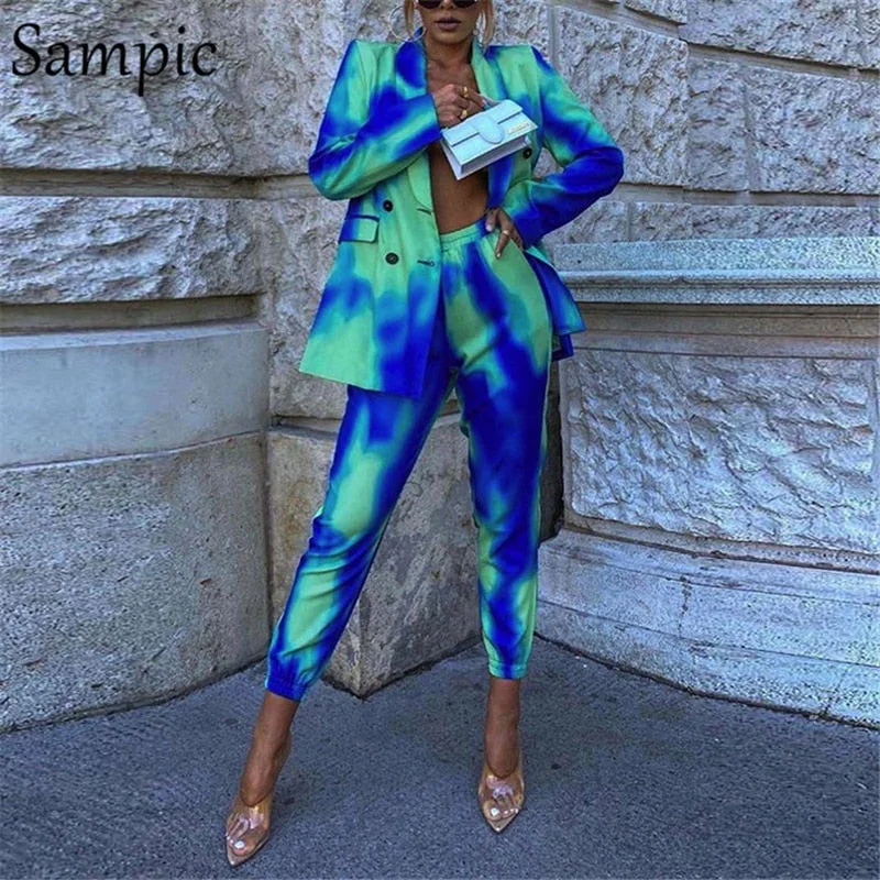 Sampic Fashion Tie Dye Blue Print Blzaer Suit Women Tracksuit Pants Set 2021 Y2K Long Sleeve Tops And Skinny Pants Two Piece Set