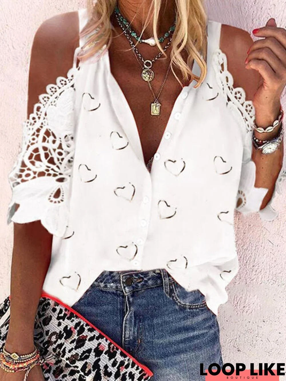 Short Sleeve Buttoned Casual Heart Printed Tops Valentine's Day Top