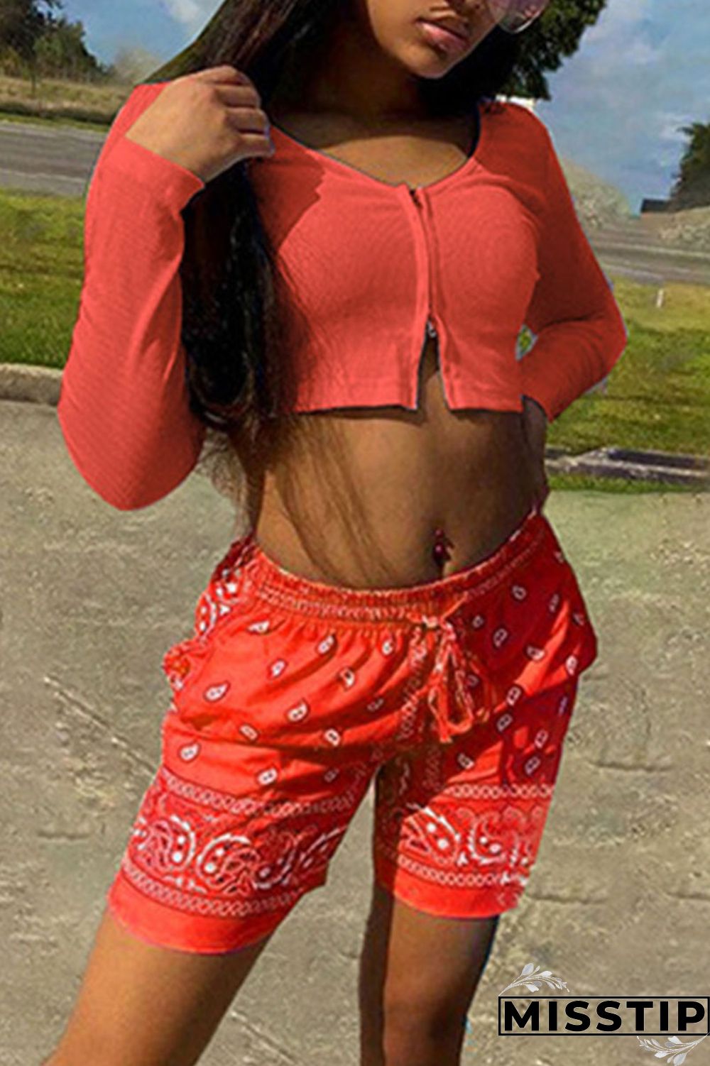 Fluorescent Green Casual Sportswear Print Patchwork Zipper Collar Long Sleeve Two Pieces