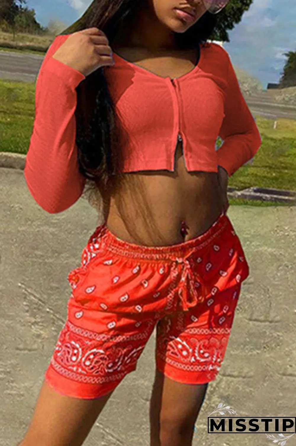 Fluorescent Green Casual Sportswear Print Patchwork Zipper Collar Long Sleeve Two Pieces