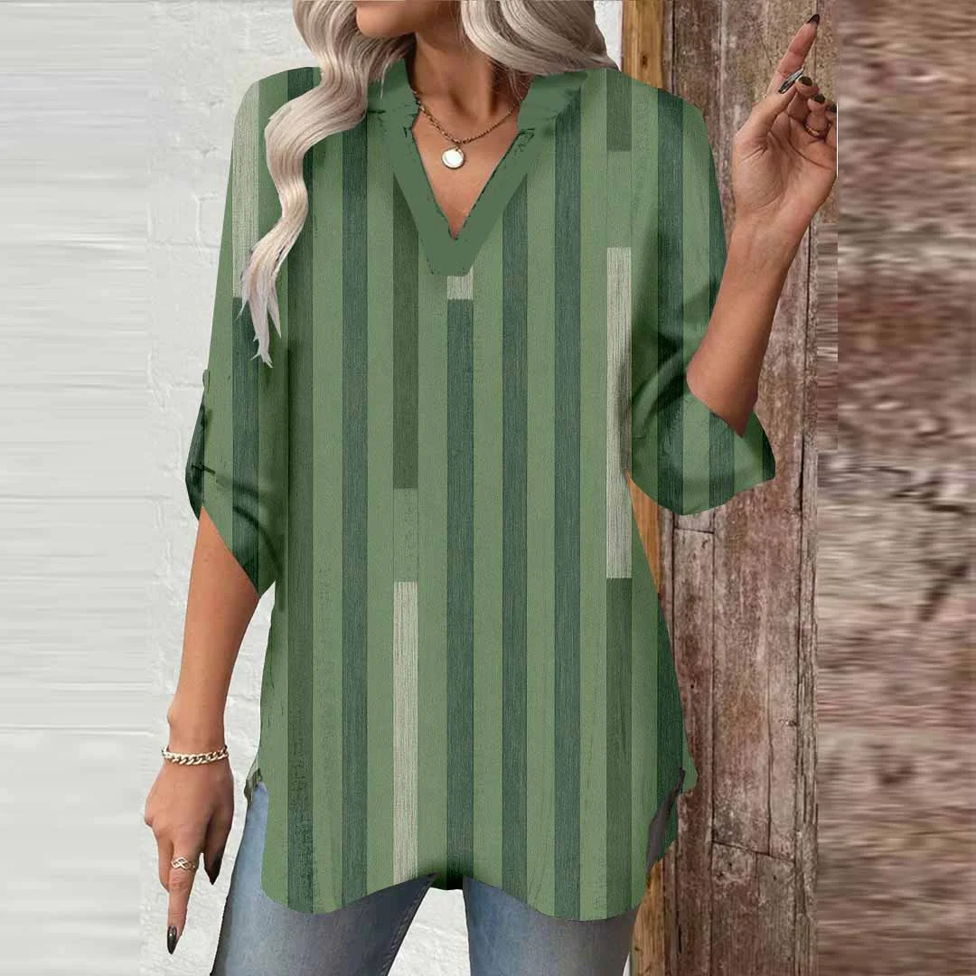 Women Striped, Green DZGA0329 3/4 Sleeve V-neck Printed Graphic Button Tops