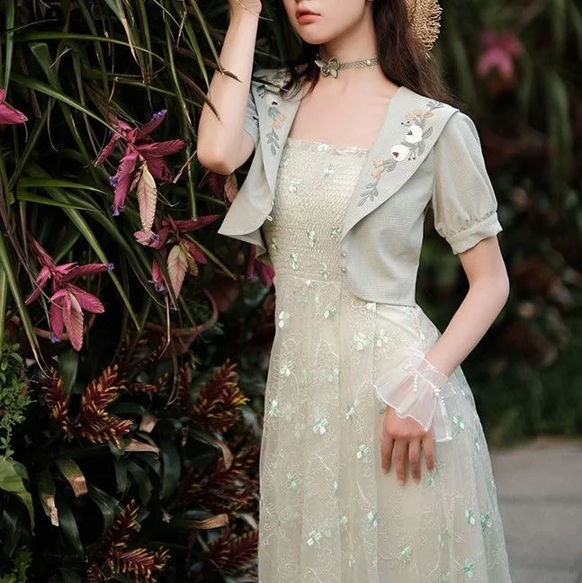 Cottagcore Sleeveless Sheer Dress / Light Jacket YP2389