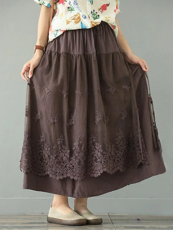 Roomy Tiered Gauze Embroidered Lace Skirt