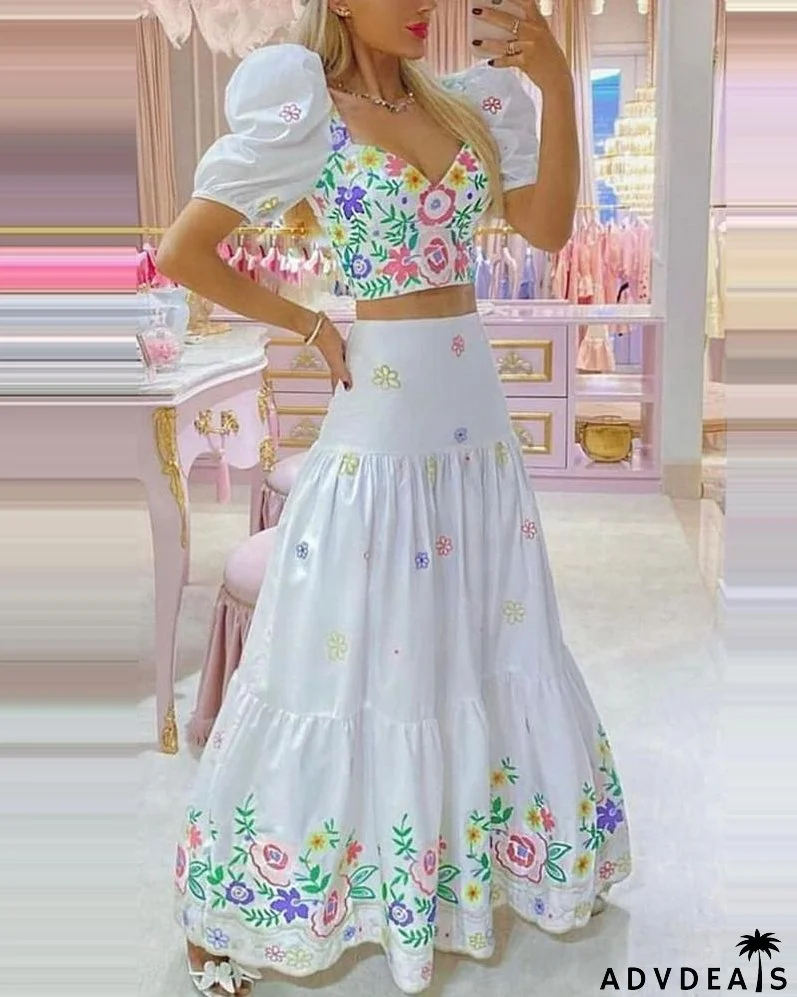 Floral Print Puff Sleeve Crop Top & Ruched Skirt Set