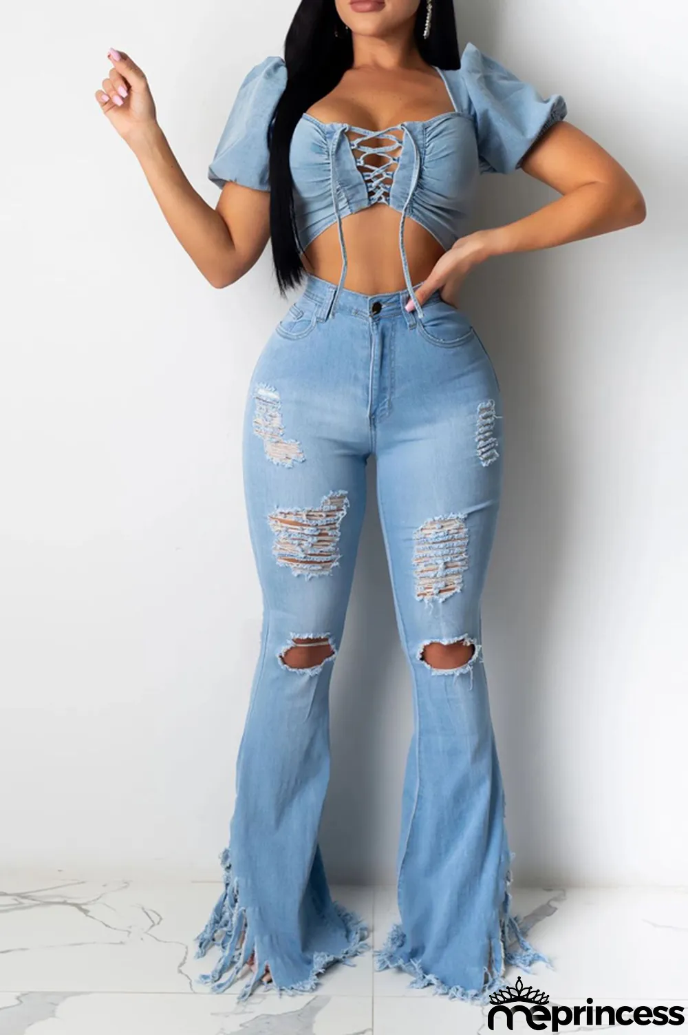 Light Blue Denim Zipper Fly High Hole washing Boot Cut Pants Bottoms