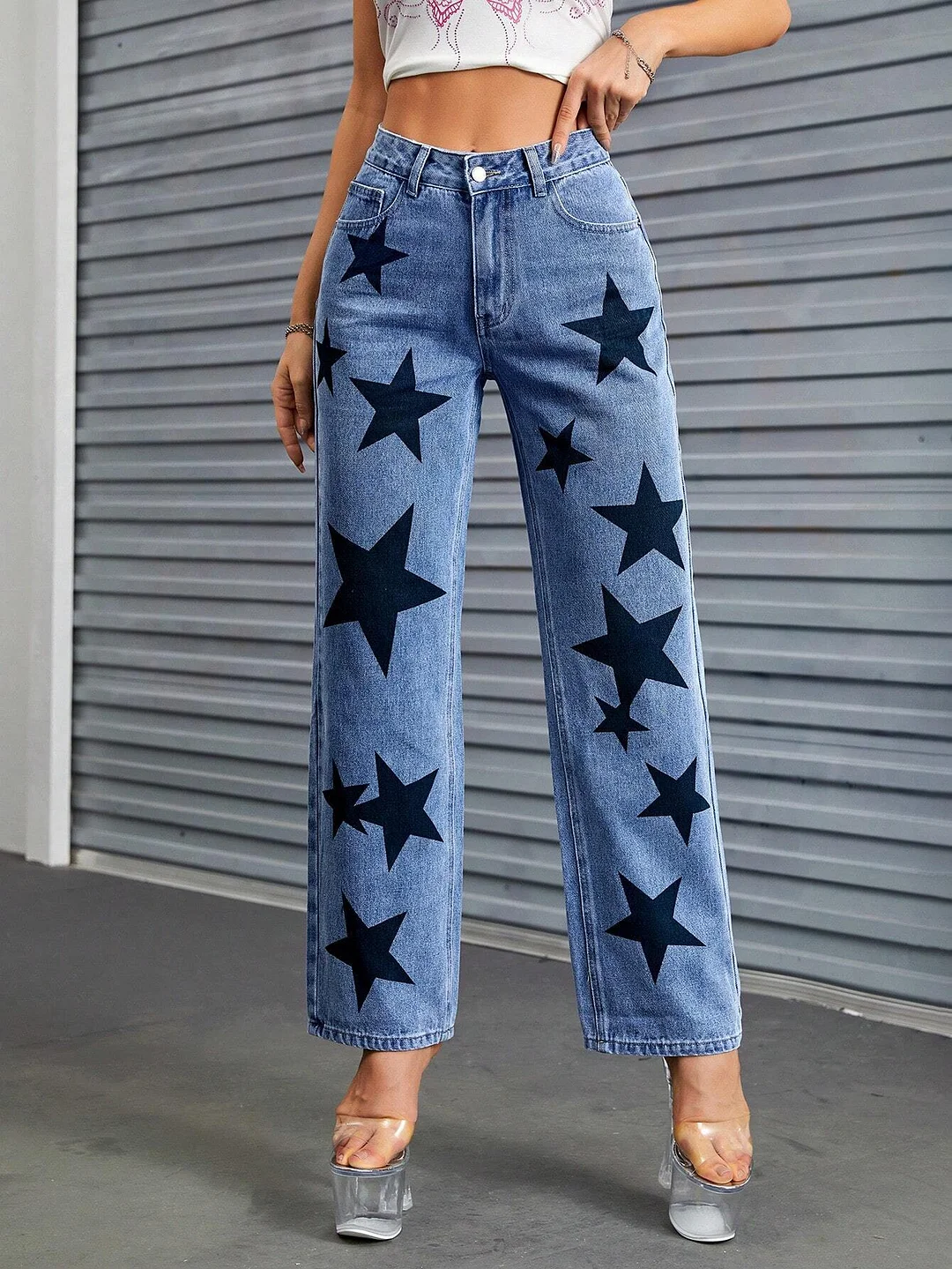 Women's 2023 New Star Print Straight Denim Jean Pants