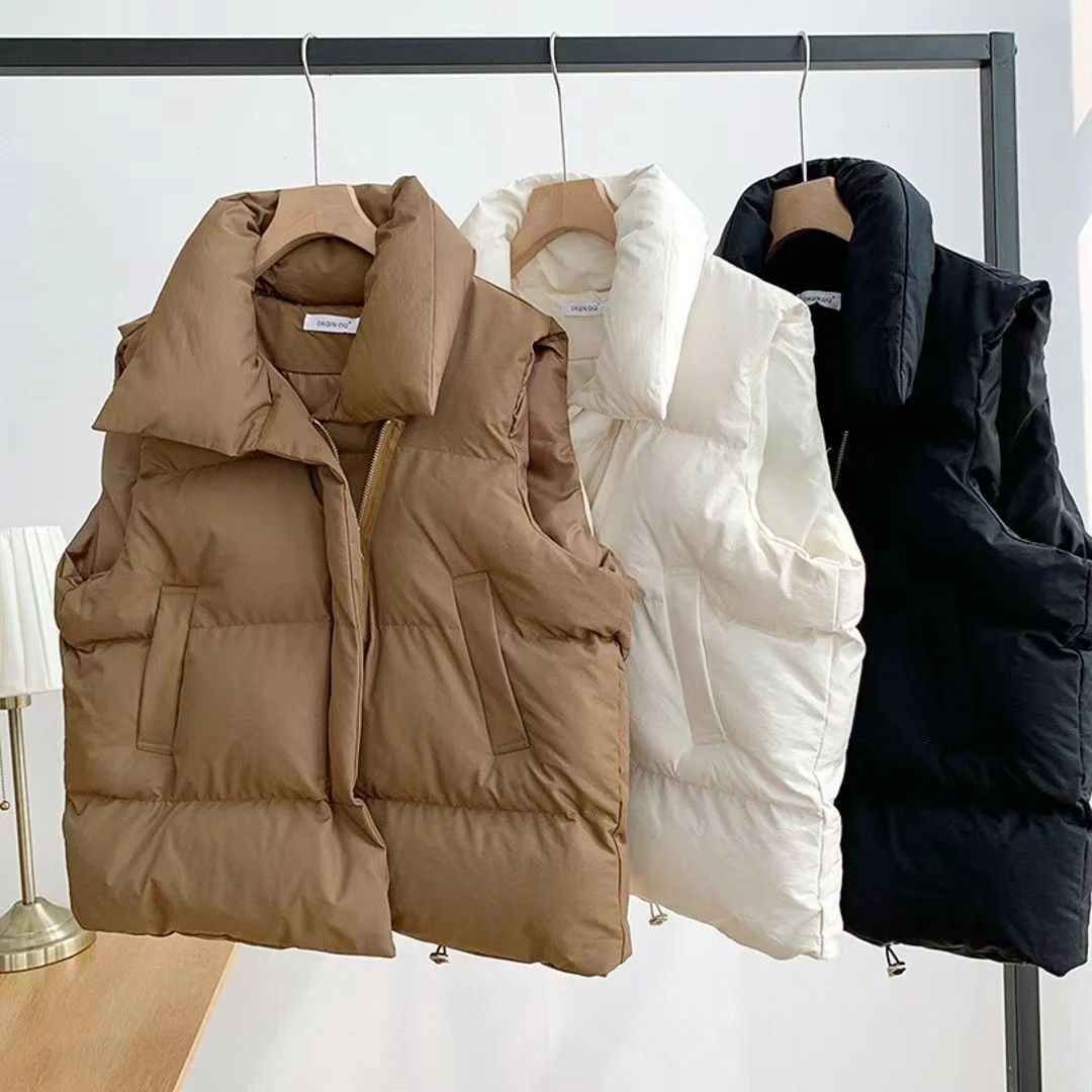 Women Sleeveless Stand-up Collar Solid Color Puffer Vest Coats