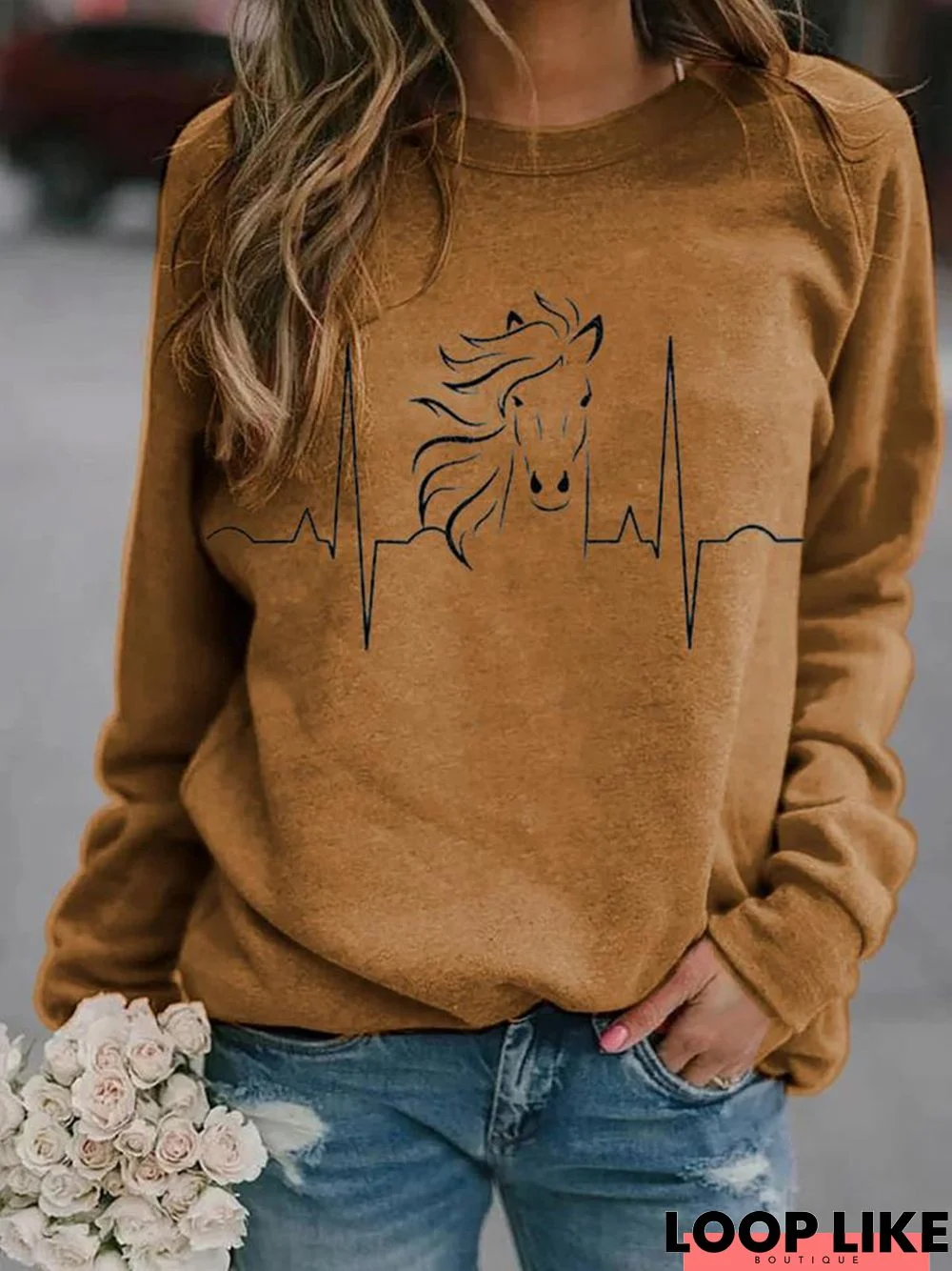 Horse Heartbeat Print Long Sleeve Sweatshirts
