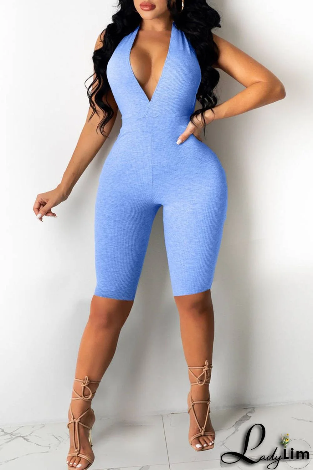 Blue Sexy Casual Solid Backless Halter Skinny Romper