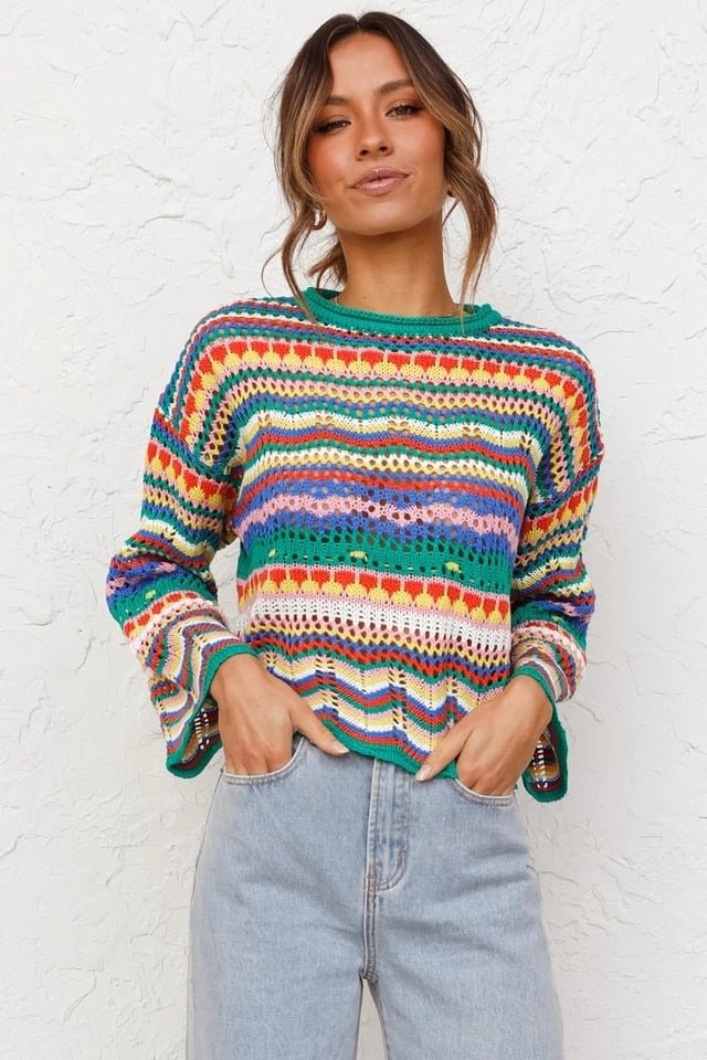 wsevypo Autumn Winter Color Block Striped Sweaters Women Loose Pullover Tops Casual Long Flared Sleeves Round Collar Knit Tops