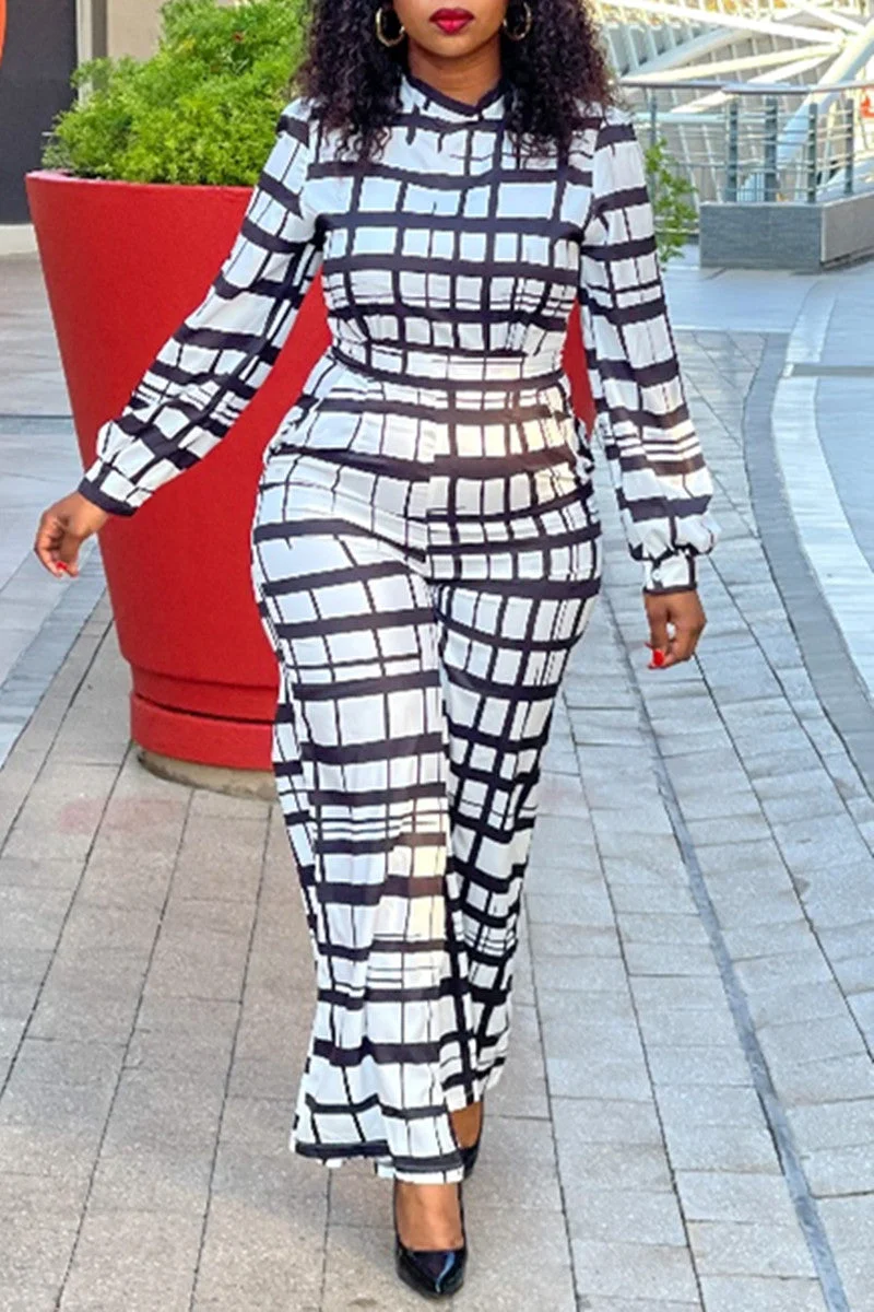 Fashion Sexy Casual Plaid Print Patchwork O Neck Regular Jumpsuits